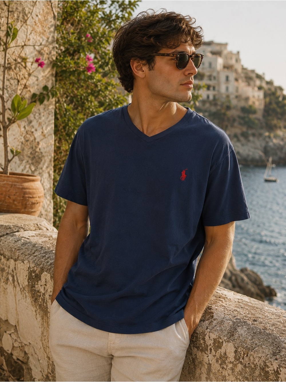 Polo Ralph Lauren Mens Navy Blue V-Neck Cotton T-Shirt Red Pony Logo Size Medium